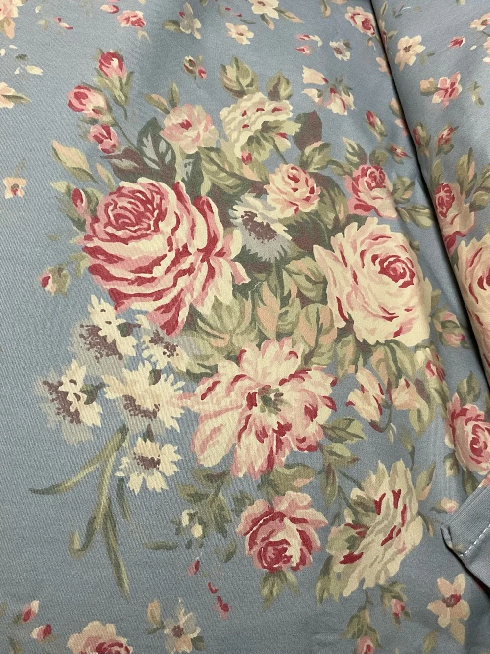 Ralph Lauren Blue Floral King Flat Sheet with Pink Rose Pattern Shelter Island